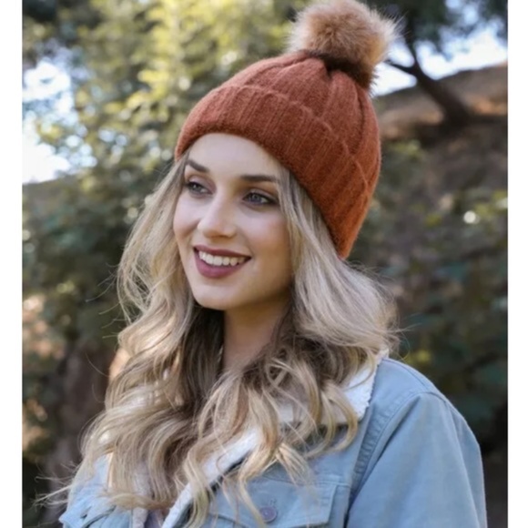 Rust Soft Knit Faux Fur Pompom Beanie - Picture 1 of 3